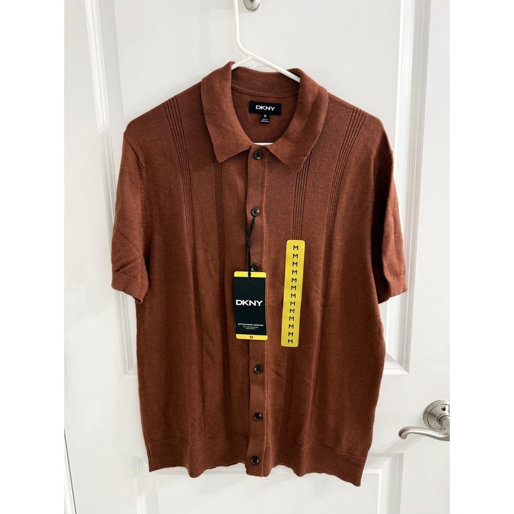 DKNY Mens Button Front Sweater Short Sleeve Knit Polo Orange Brown Medium NWT